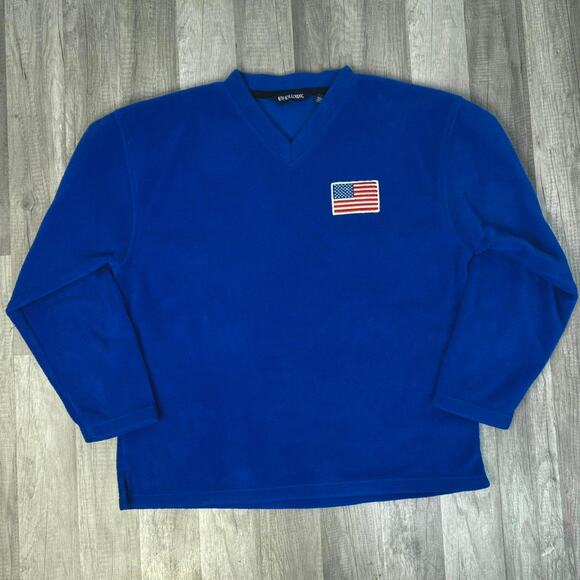 Vintage 90s Blue Fleece V-Neck Sweatshirt with USA Flag Patch Size Large - Picture 1 of 8
